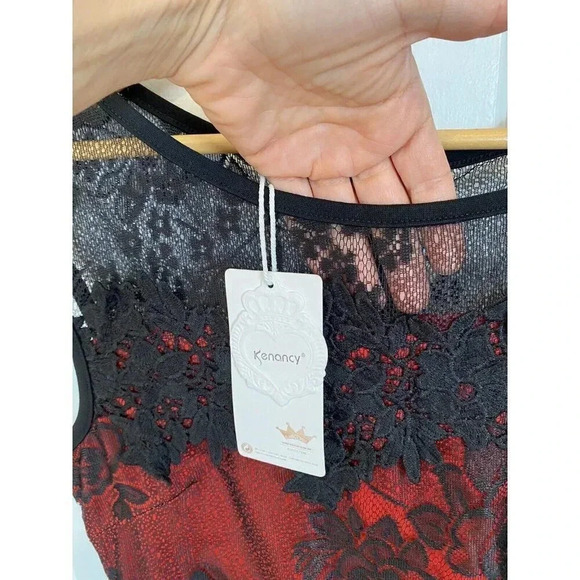 Kenancy NEW Whimsigoth Dark Fairycore Dress Sz L Red Black Lace Rose Butterflies - Picture 2 of 16